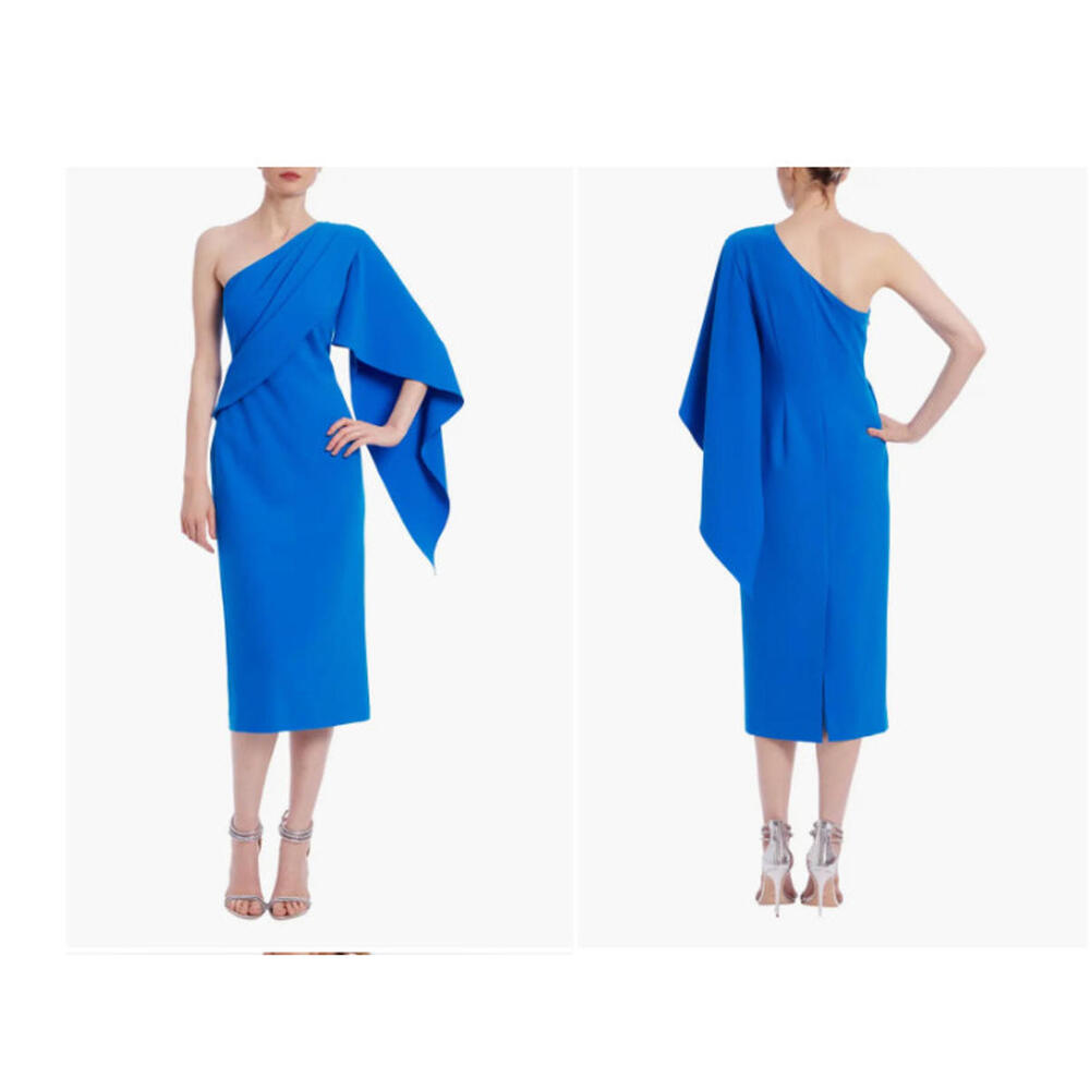 Badgley Mischka sz 4  One-Shoulder Drape Sleeve Sheath Dress Blue   $750